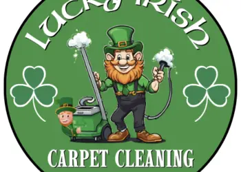 A green circle with shamrocks,  the words Luck Irish Carpet Cleaning and two leprechauns holding sudsy cleaning tools